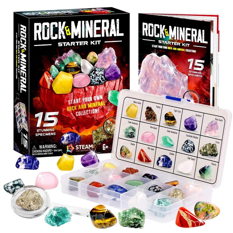 XX Rocks Collection - 15-Piece Rock Collections for Kids - Cool Geology Gem Kit with Identification Sheet - Gemstones Set Box with Learning Guide and Storage Case - Educational Gift for Kid - Image 1